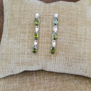 Silver Tone Peridot Green Rhinestone Crystal Drop Post Earrings